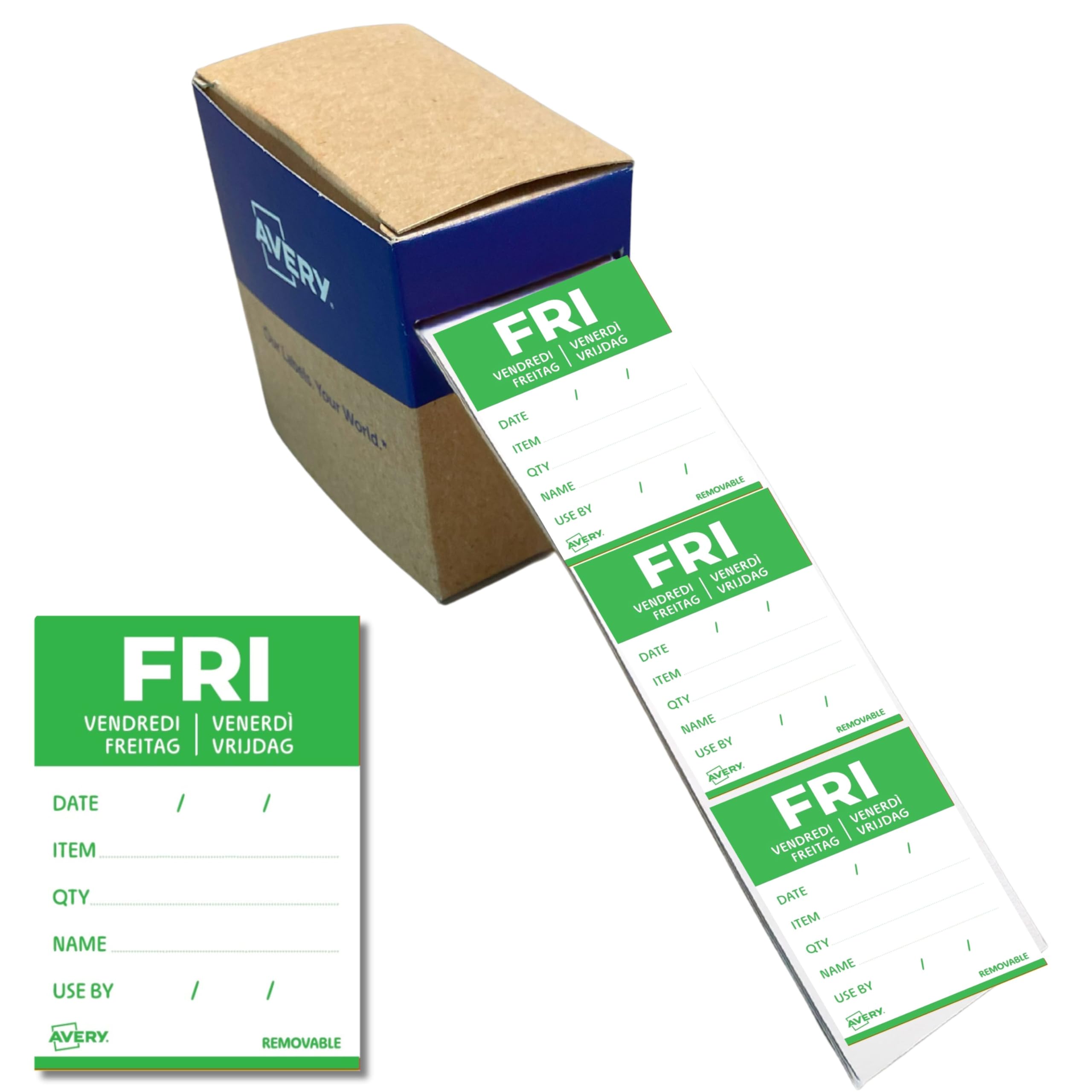 Avery Removable, Hand Writable, Detailed Food Day Labels, Strong Adhesive, 40 x 56 mm, Friday, Green, 500 Labels, Preprinted Design (DLDFRIREV-500) — image 1