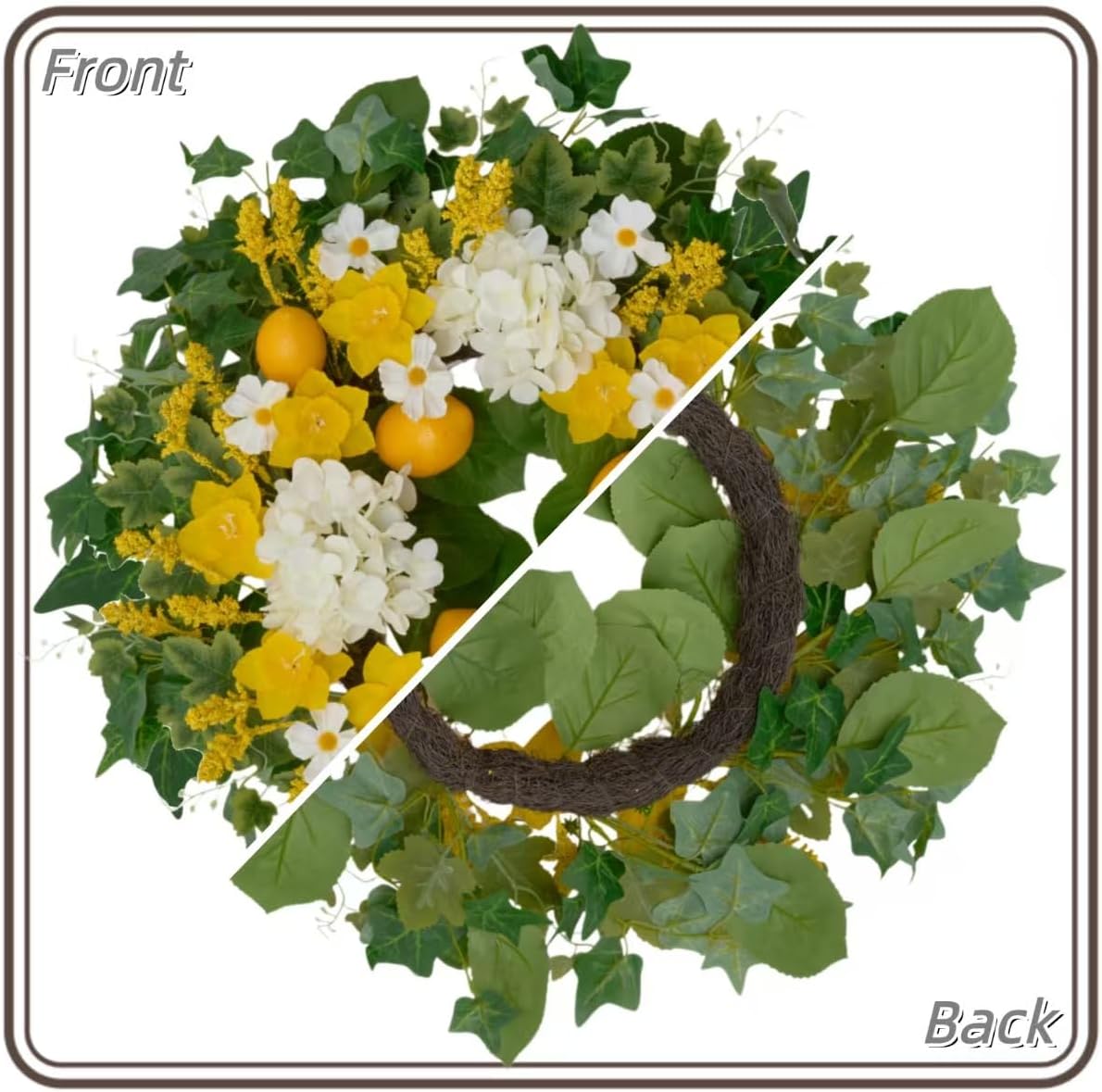 24 Inch Artificial Lemon Wreath for Front Door – Yellow Daffodils, White Hydrangeas, Green Leaves with Wheat Stalks – Spring Summer Wreath for Wall, Window, Party Decor