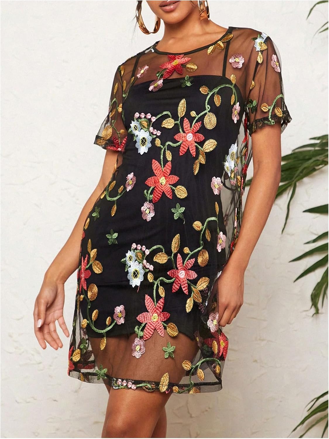 GORGLITTER Women's Embroidered Floral Mesh Tops Dressy Y2K Cute Mesh Shorts Sleeve Crew Neck See Through Going Out Tops - Image 6