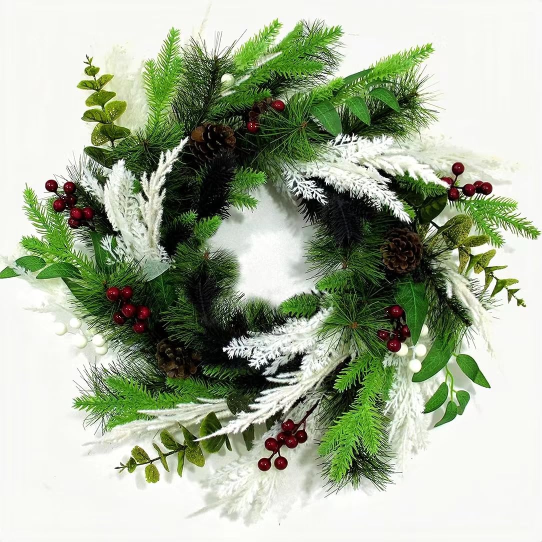 large christmas wreath, 22 inch artificial wreath with red and white berry, pampas grass, pine cone and branches, eucalyptus, handmade wreath for xmas home front door window decoration
