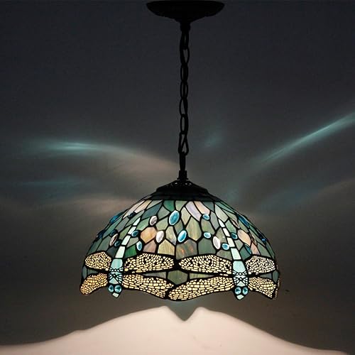 Miniatura 6 de WERFACTORY Tiffany - Lámpara colgante de cristal azul marino, libélula colgante de 12 pulgadas de alto, 32 pulgadas, serie S147
