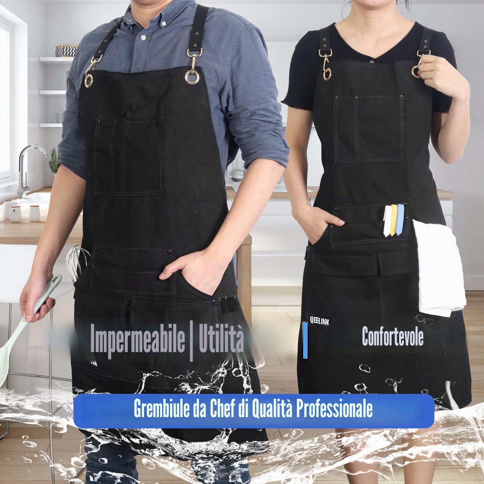 QeeLink Grembiule Cucina Uomo e Donna per Cuoco Ristorante e Griglia con 10 Tasche, Grembiule Barbecue Impermeabile con Cinturino Incrociato sul Retro, Regolabile da M a XXXL