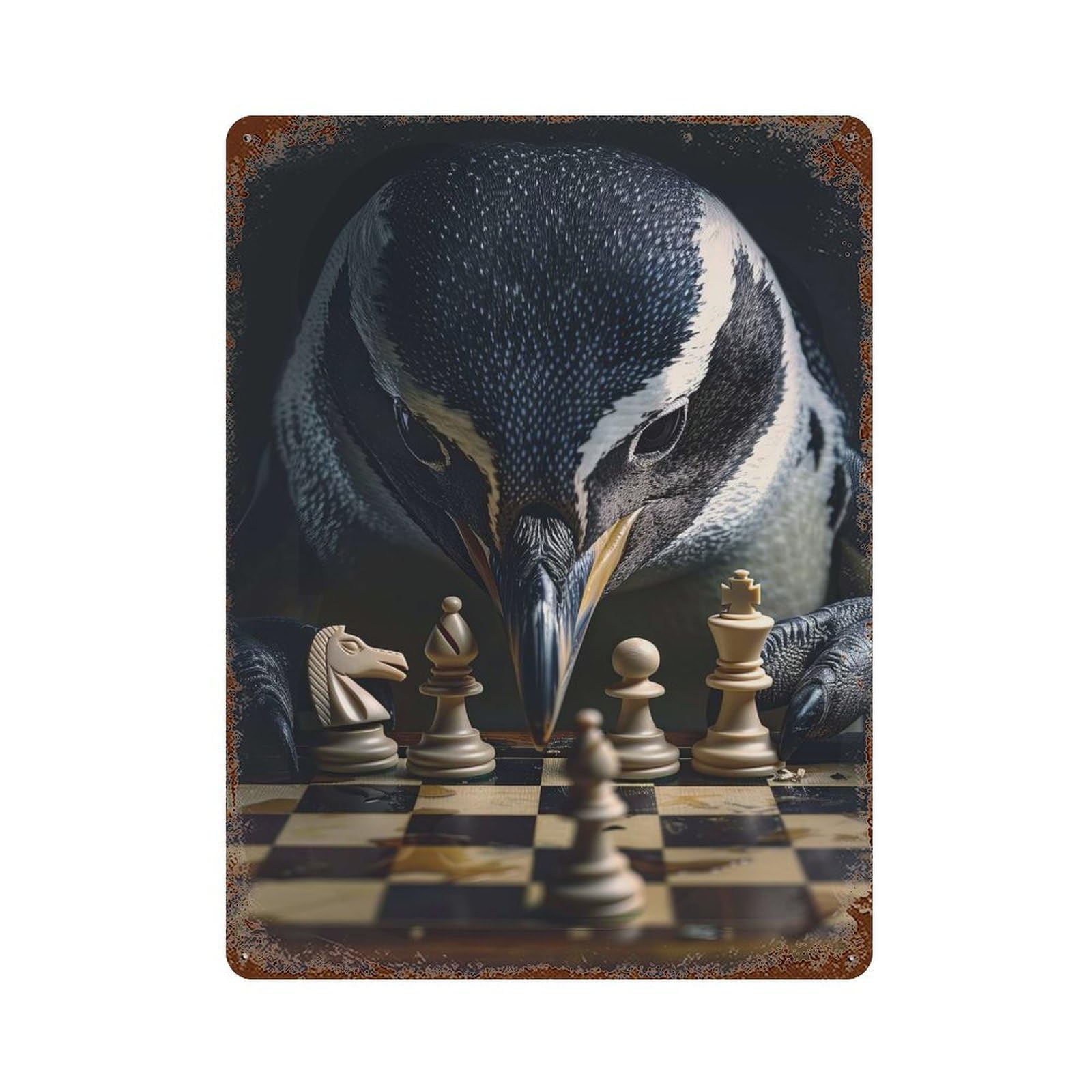 Rust Effect Penguin Chess Weathered Tin Sign 15.7"x11.8", Retro Wall Decor for Garage, Bar And Workshop Decor