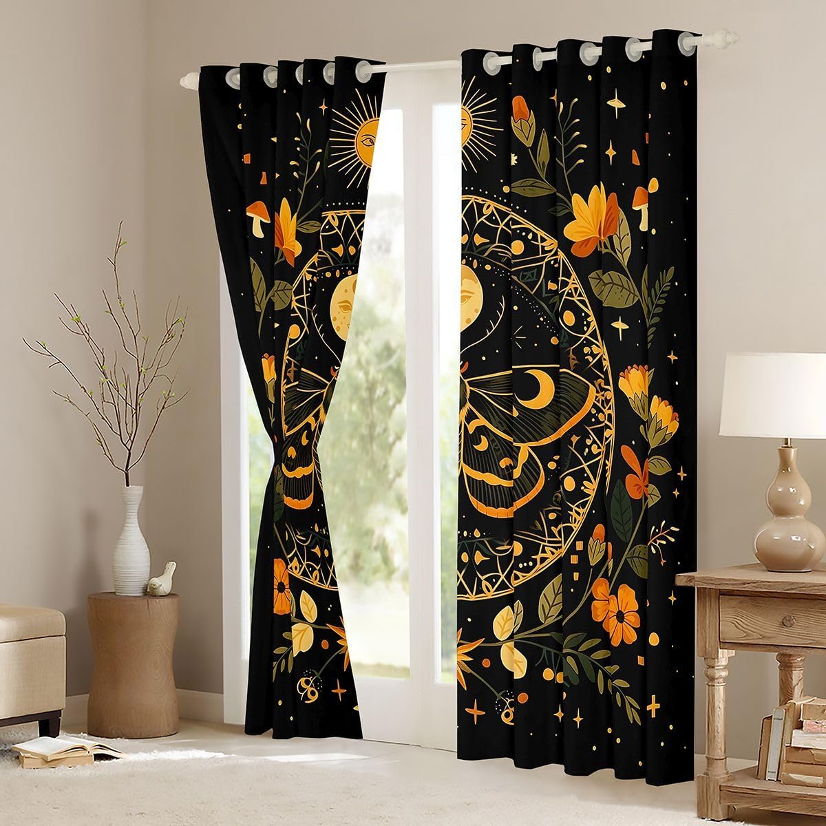 Castle Fairy Death Moth Floral Blackout Curtains Witchy Dark Boho Window Drapes Kids Teens Astrology Neutral Fantasy Window Treatments Grommet Top 2 Panel Set Curtains,38Wx45L Inch Black Orange