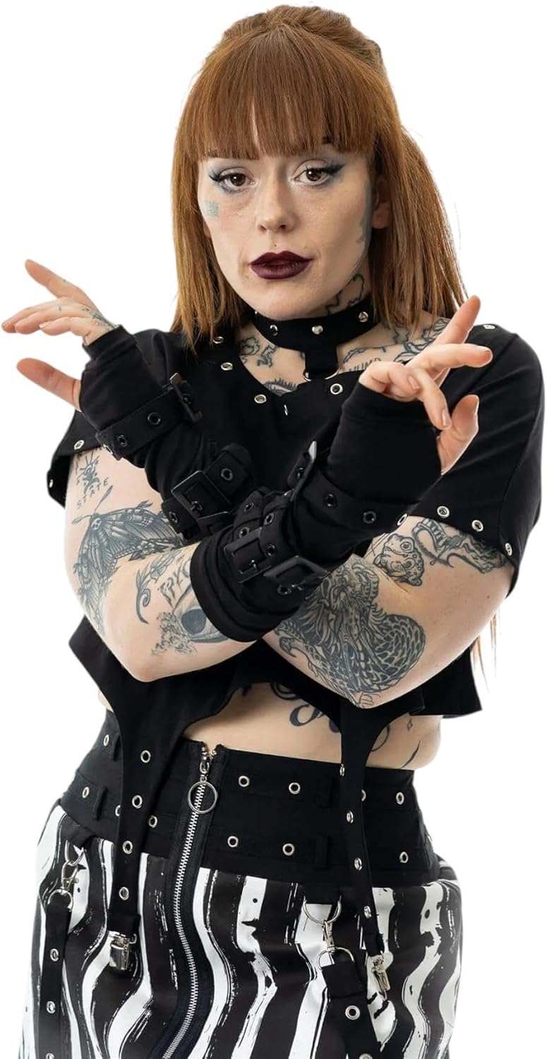 Poizen Industries Willow Armwarmers Black Gothic Buckle Strap Ripped Mesh Style