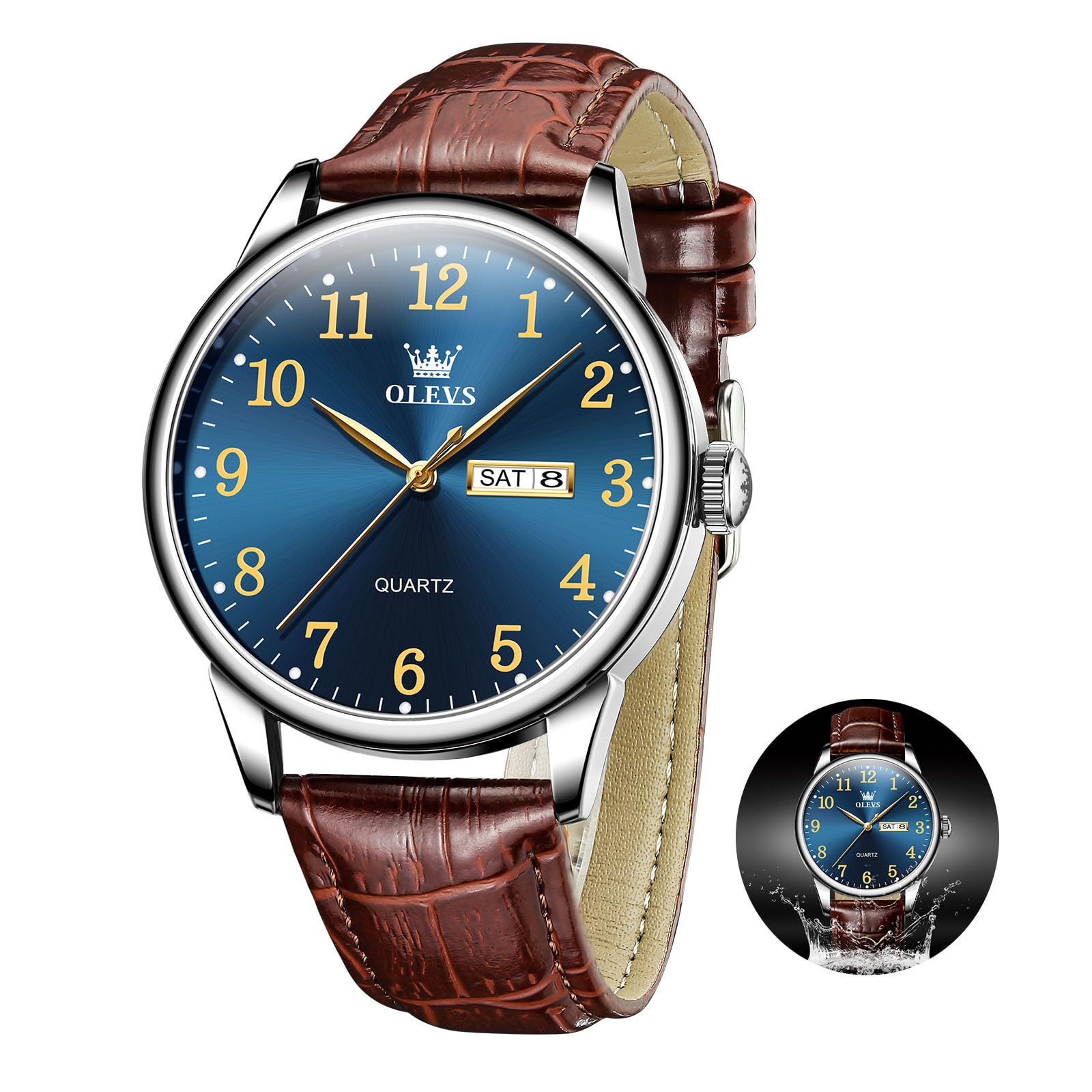 OLEVS Herren Uhren Wasserdicht Lederarmband Lässig Herren Großes Uhren