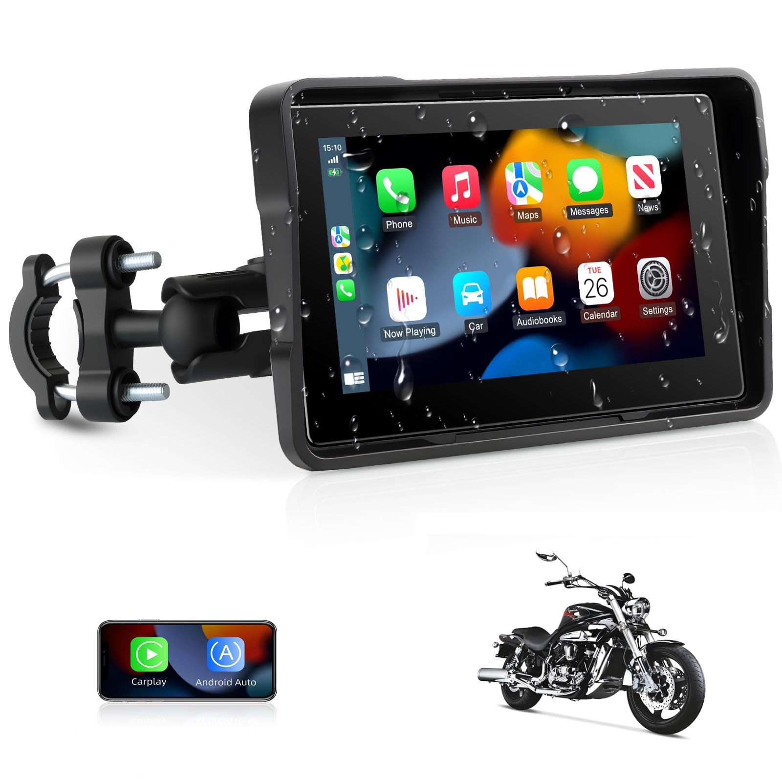 Jansite Motorcycle Carplay Screen 5 inch Wireless Carplay Motorbike Android Auto, Dual Bluetooth Waterproof Motorcycle Sat Nav Siri/G0ogle Assistant - 1