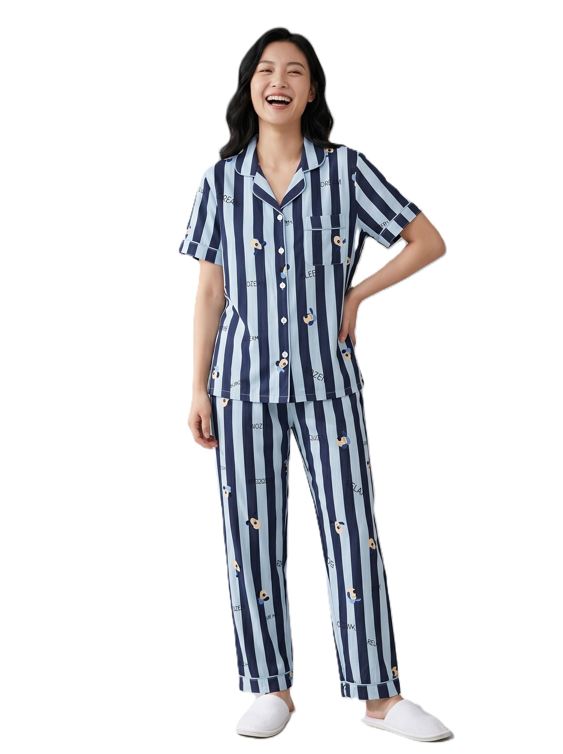 lugo Women’s Printed Cotton Blend Night Suit Set | Soft & Breathable Short Sleeve Shirt with Pyjama | Comfortable Sleepwear-picture-26