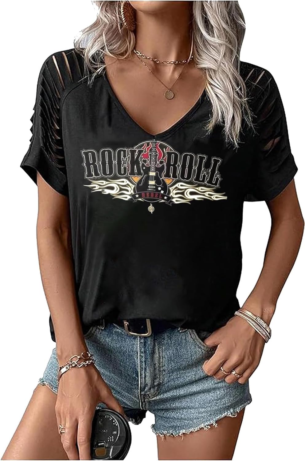 Women Vintage Rock T Shirts Casual Loose Fit Short Sleeve Country Rock Band T-Shirts Tshirt Vintage Letter Print