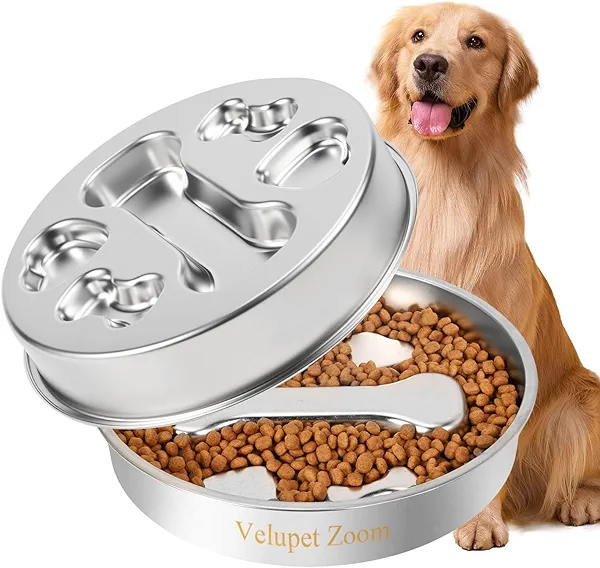 Velupet Zoom Slow Feeder Dog Bowls,Non-Slip Base Stainless Steel Pet Food Bowls,2 Cups Metal Dog Slow Feeder Bowl for Large Medium Breed,Double-Sided