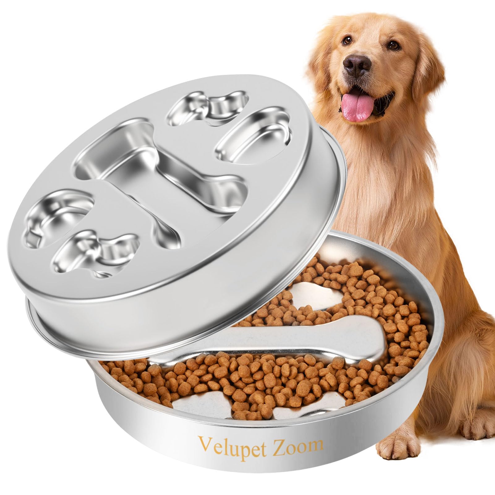 Slow Feeder Dog Bowls,Non-Slip Base Stainless Steel Pet Food Bowls,2 Cups Metal Dog Slow Feeder Bowl for Large Medium Breed,Double-Sided