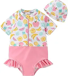 Maiô infantil para meninas com babado Rash Guard com zíper, manga curta, com chapéu, FPS 50+ 1-5T