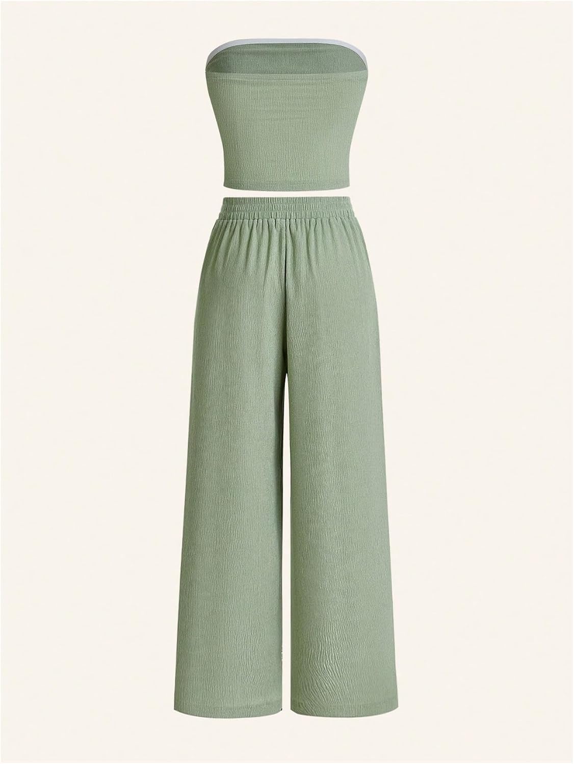 WDIRARA Women's 2 Piece Set Ruched Strapless Tube Top Wide Leg Pants Outfits - Image 2