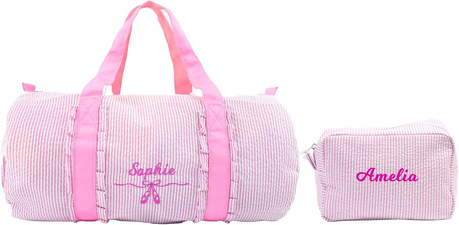 MT WORLD Personalized Girls Duffle Bags with Cosmetic Bag, Seersucker Travel Duffle Set with Name for Weekender Overnight Gym - Custom Child Gifts for Birthday Baby Shower Summer Trips (Purple)