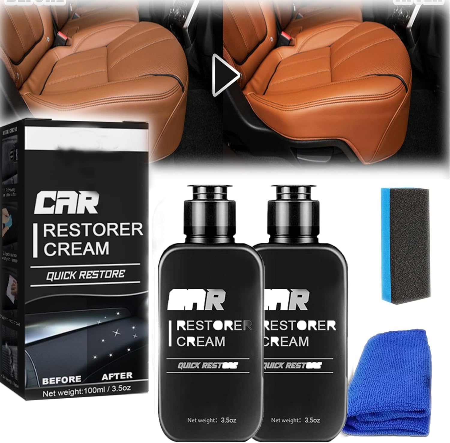Crema Restauradora De Autos, Plastic Restorer for Cars, Washable Refresh Aging Plastic and Leather Surface, Plastic Restorer with Sponge Quick Restore(100ML 2PCS)