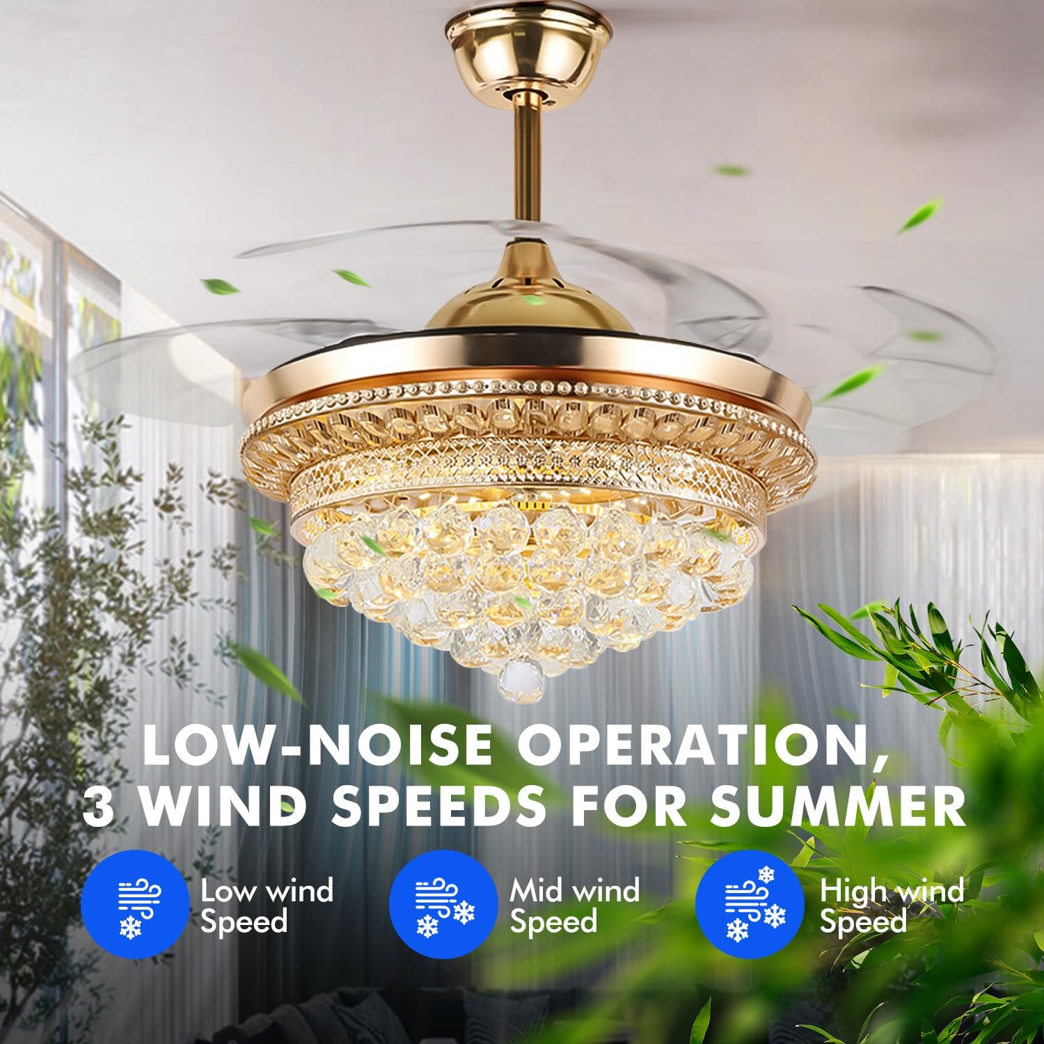 MORE CHANGE Crystal Ceiling Fan with 4 Retractable Blade, Chandelier Ceiling Fan with Lights and Remote, Chandelier Ceiling Fan for Living Room (Light Rose Gold)