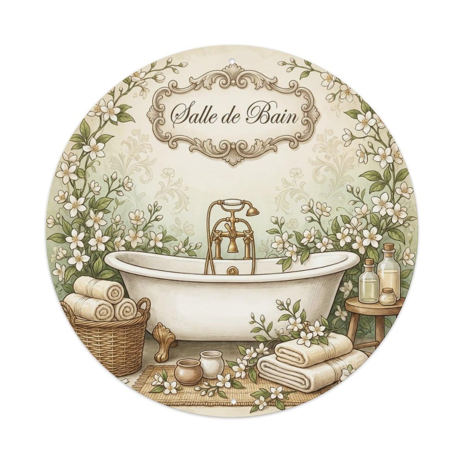 Yrnq Vintage Style Salle Bain Jasmine Round Decor Vintage Metal Tin Sign Plaque Wall Decor For Cafe, Club, Garden Round Metal Poster 8X8inch