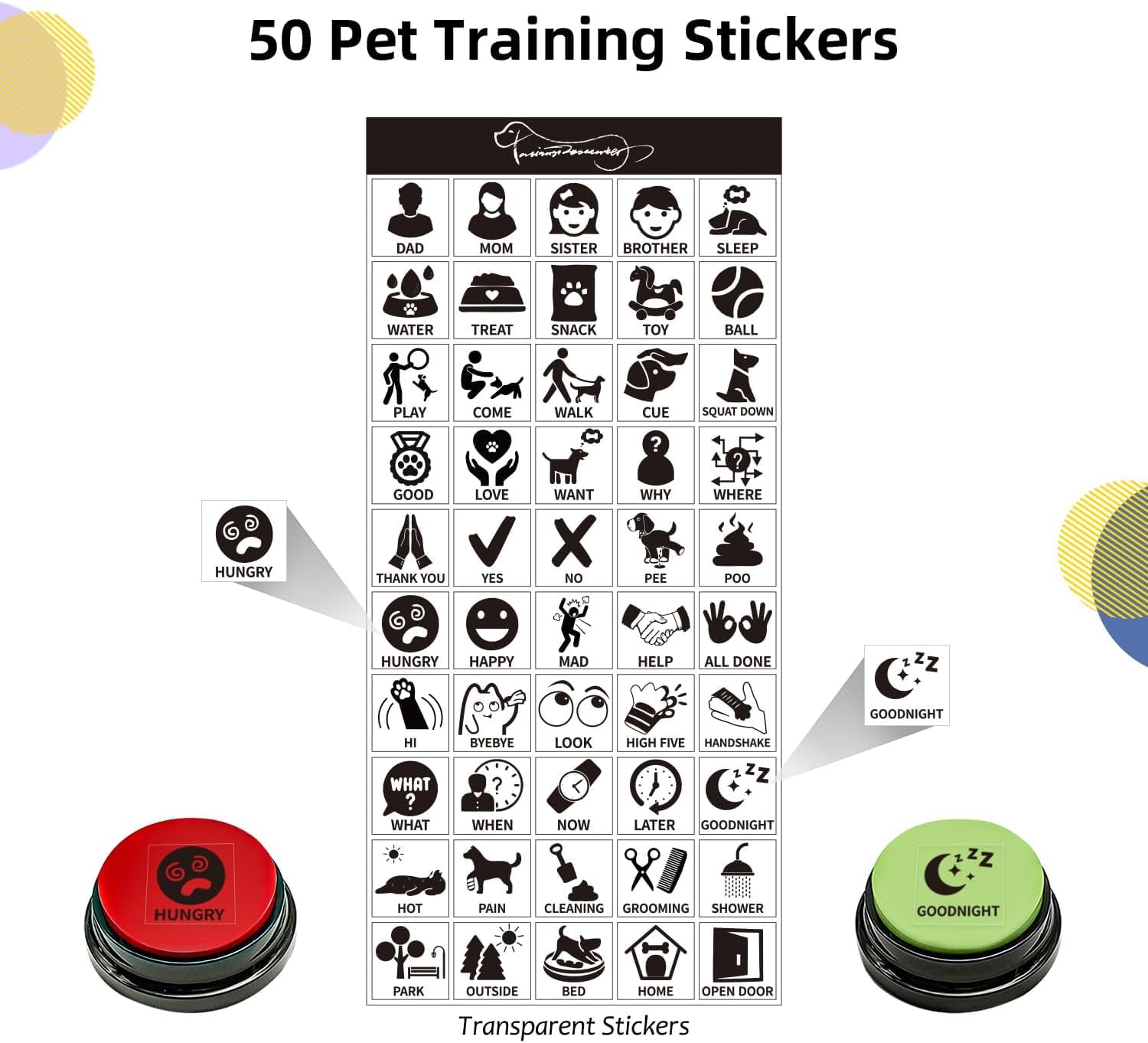 RIBOSY Juego de 6 colores, botón grabable, zumbador de entrenamiento para perros, graba y reproduce tu propio mensaje para enseñar a tus perros a voz lo que quieren