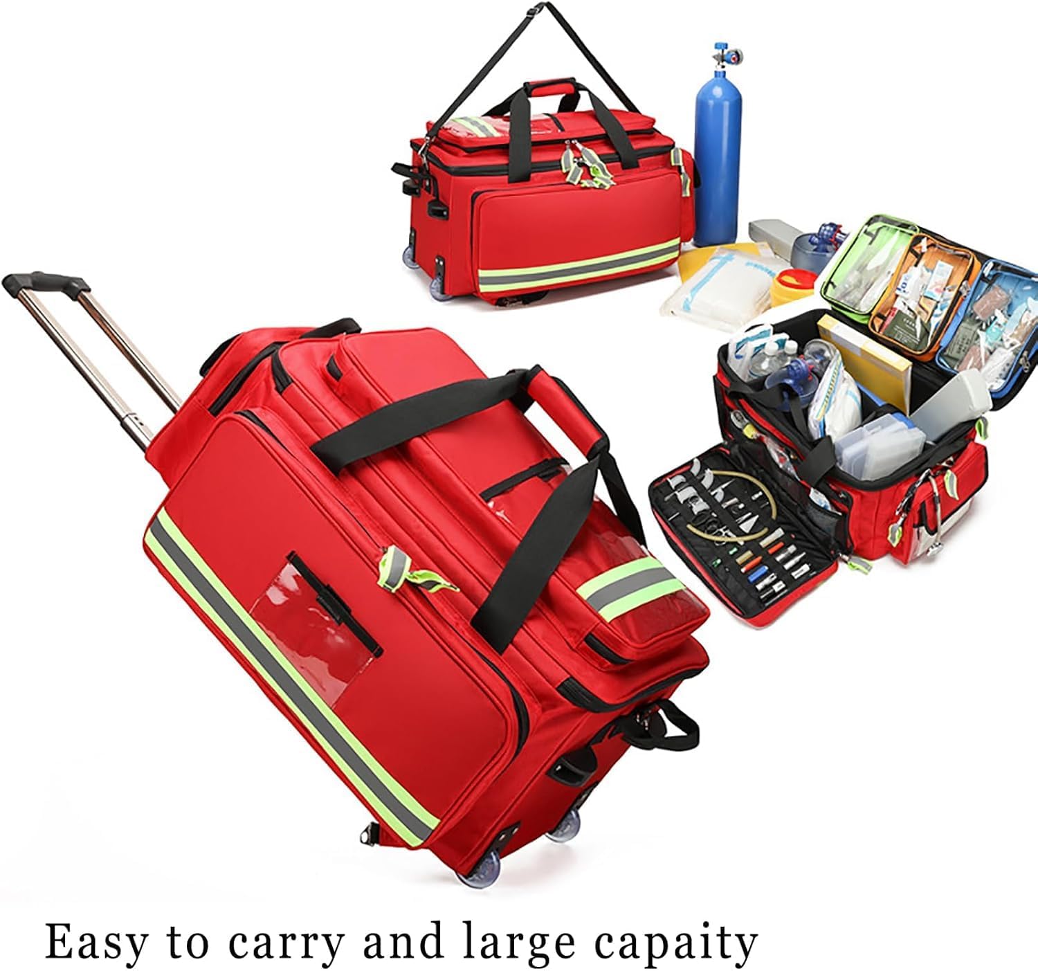 Emergency Responder Trauma Bag, First Aid Backpack Empty with Tie Rod, Wheels and Straps, Safe Night Reflective Strip Design and Oxford Cloth Material, for Hiking, Travel, Marine(Blue)