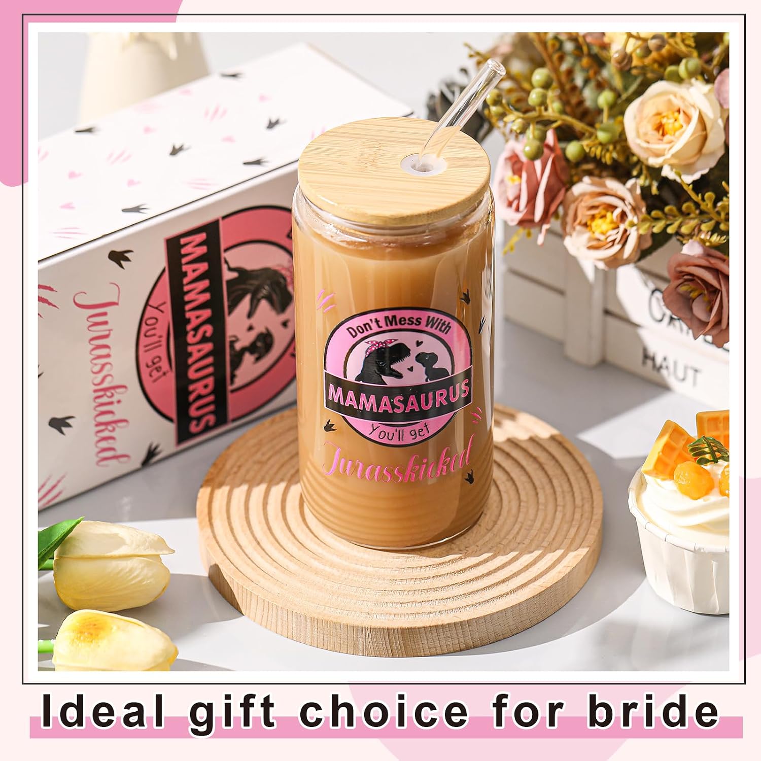 Mumufy 16oz Floral Glass Cup with Bamboo Lid Straw, Mamasaurus Gift