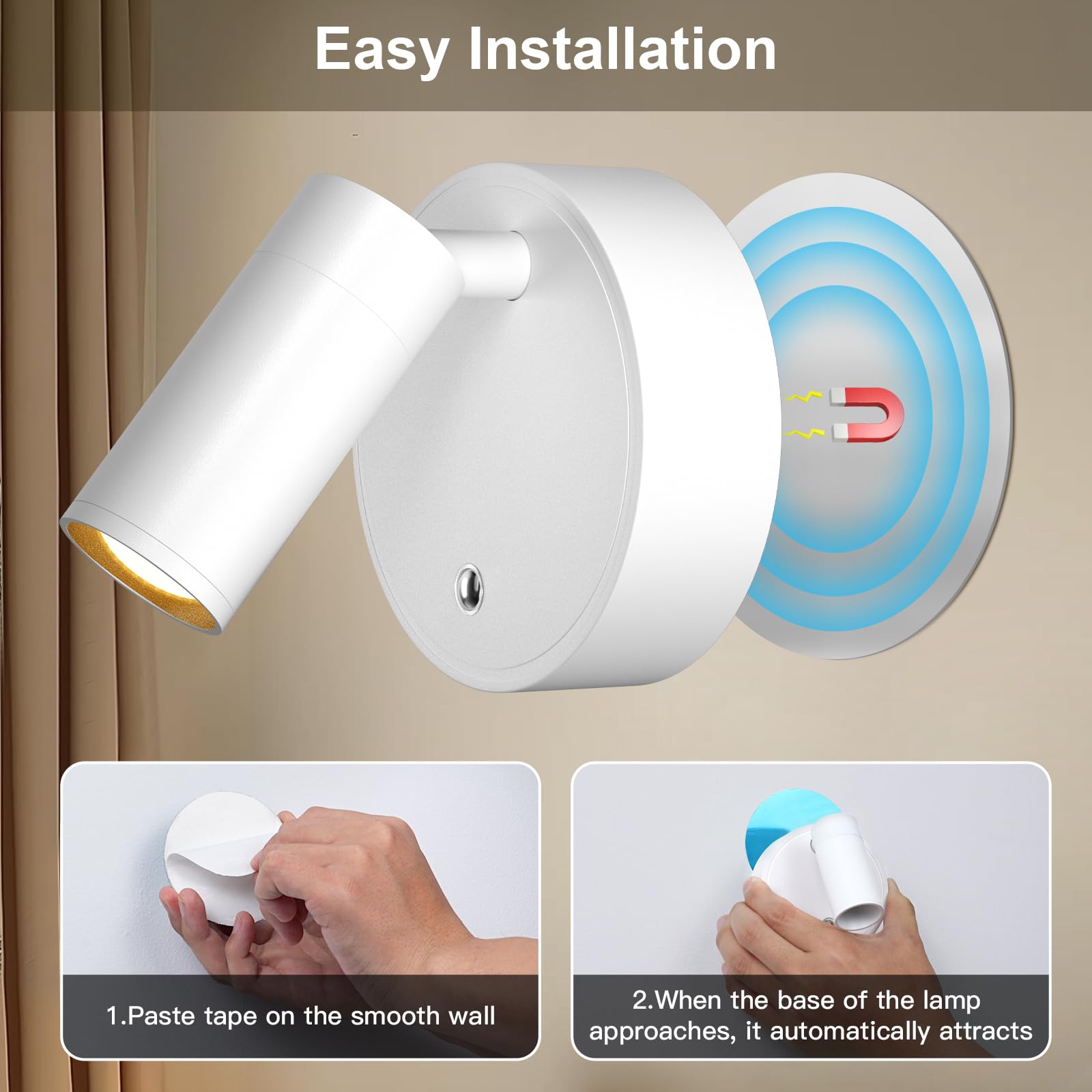 Kimjo LED Kabellose Spotlight Aufladbar Wandstrahler, Weiß Batteriebetriebene Wandleuchte Innen, USB-C Dimmbare Wandspot mit Fernbedienung, Drehbare Wandlampe Akku für Wohnzimmer Schlafzimmer, 2 Pack