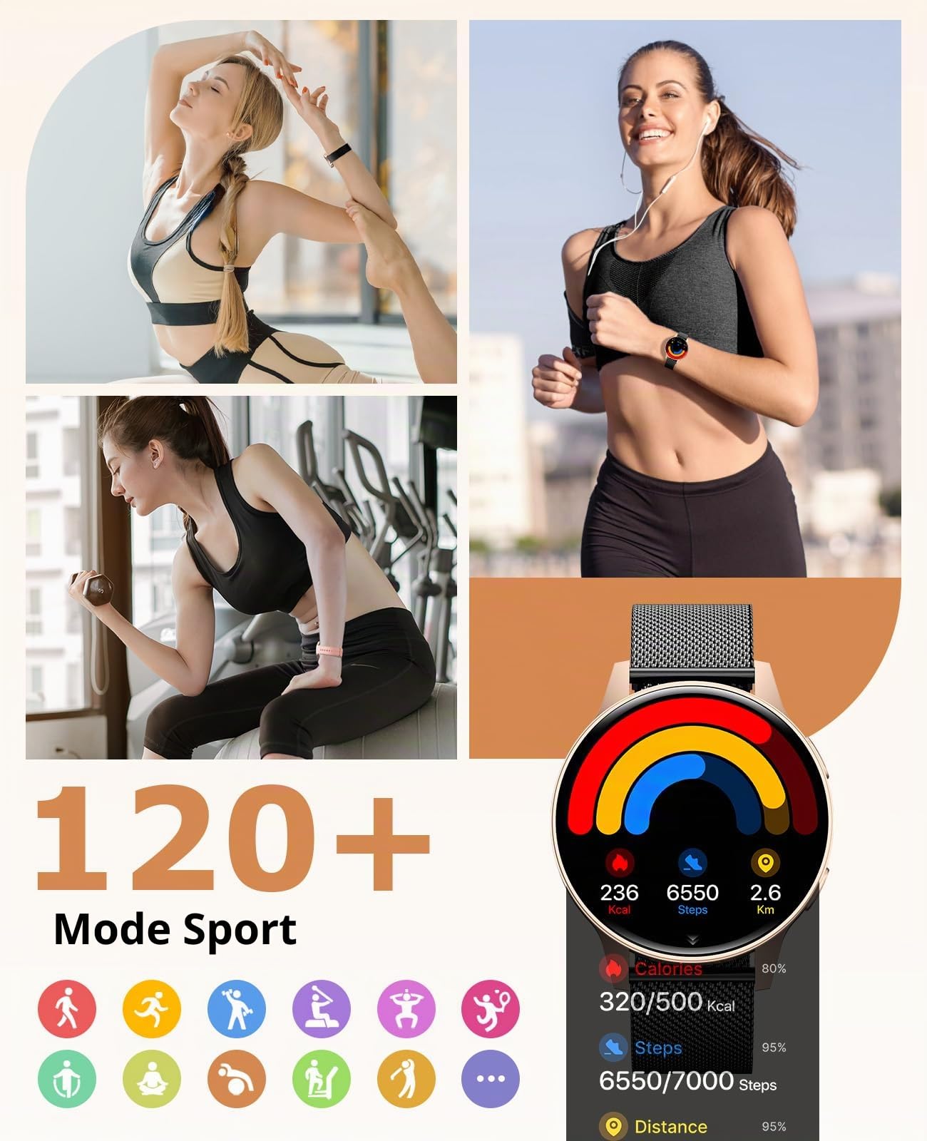 SLOKSFil Montre Connectée Femme, 1.27”HD Écran Entièrement Tactilev Smartwatch avec Appel Bluetooth,24H Fréquence Cardiaque Moniteur Sommeil,100+ Modes Sportifs Compatible pour Android iOS (Or Noir)