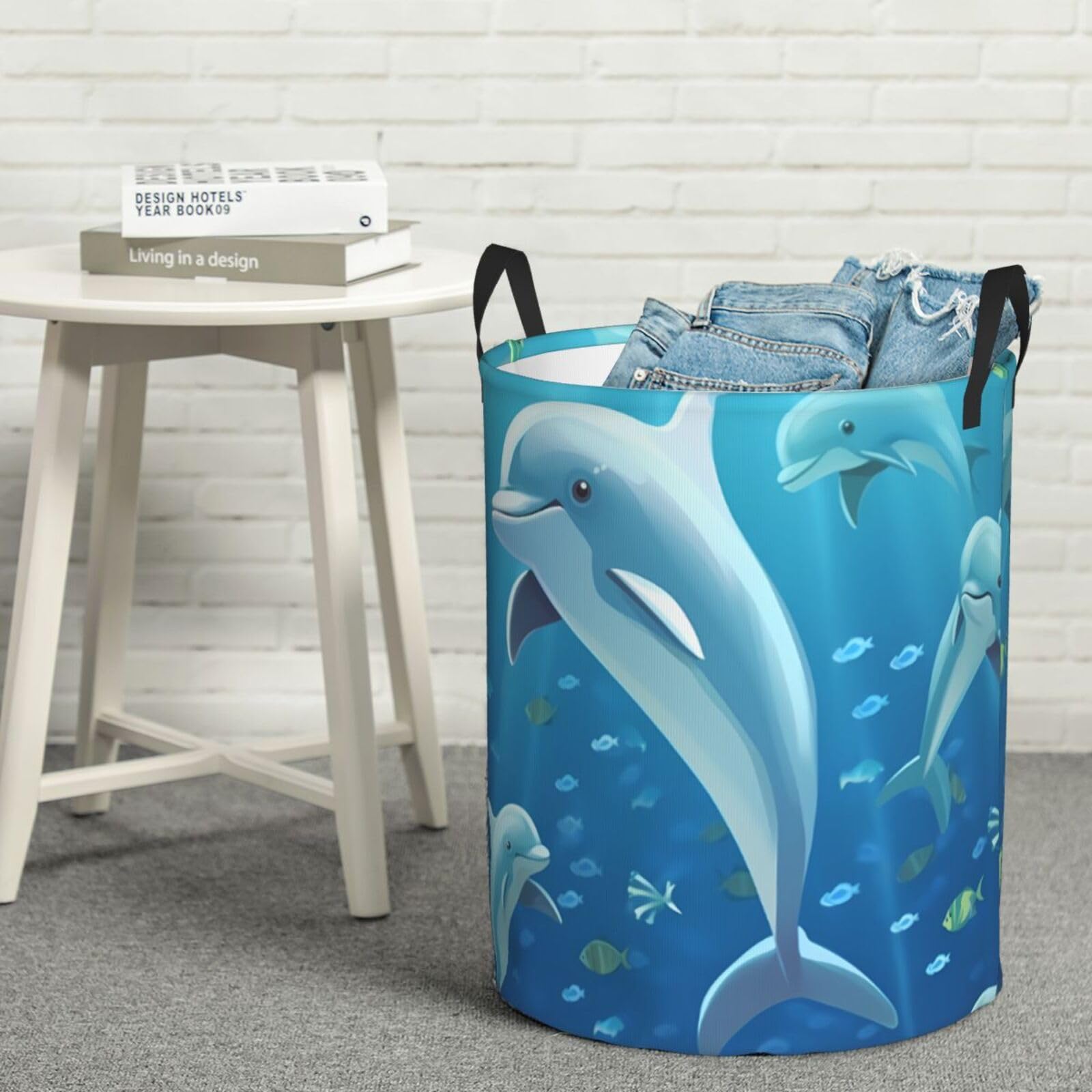 Fodpand Black Dolphin Laundry Basket With Handle, Freestanding Laundry Hamper, Collapsible Dirty Clothes Hamper, Waterproof Fabric Blanket Storage Basket Tall Toy Storage Bin Room Decor Medium