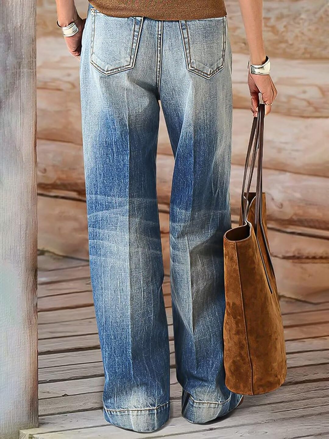 Flamingals Wide Leg Jeans for Women Mid Waist Baggy Stitch Decor Denim Washed Pants Without Belt