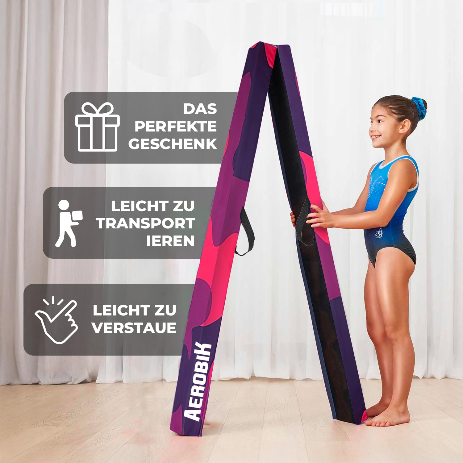 Aerobik | Klappbarer Schwebebalken 240 cm Violett | Stabil, rutschfest & Waschbar | Für Kinder & Erwachsene | Inklusive Gymnastikband | Original Corner