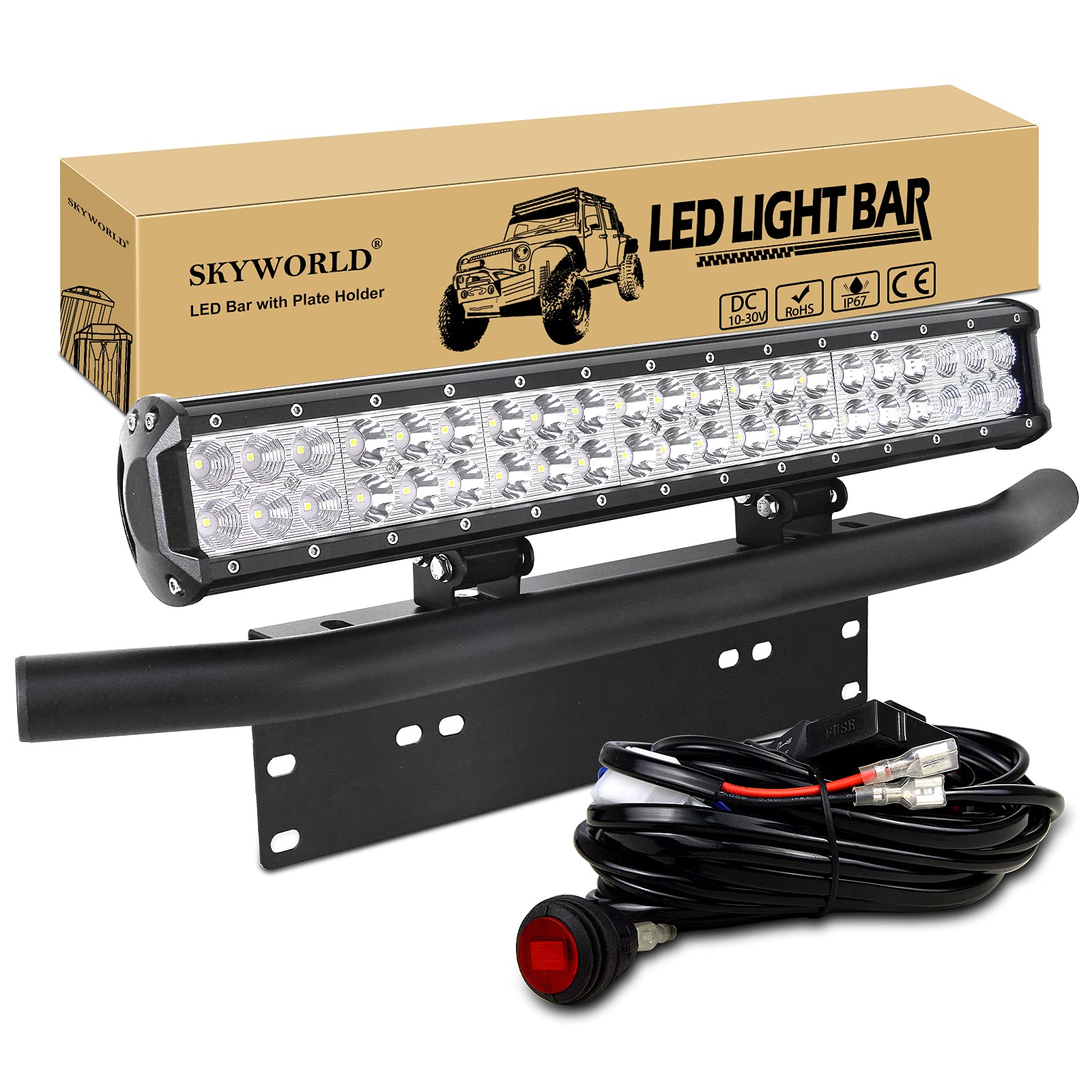 SKYWORLD Barra LED Fuoristrada, 20 pollici 50,8 cm 126W Spot Flood Combo fascio di lavoro Lampada guida con piastra di supporto nero Kit staffa di 12V Toggle cablaggio per camion ATV SUV 4X4