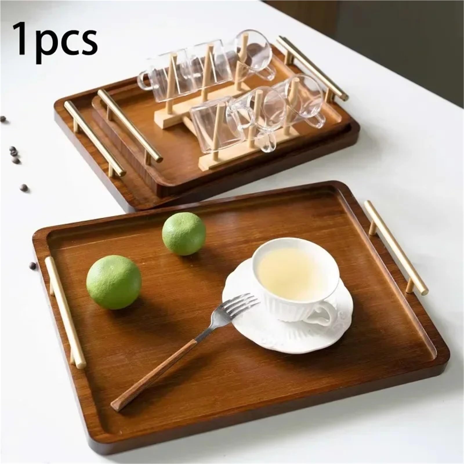 Bandeja Rectangular de Madera con asa de Metal Dorado para Servir Agua, Frutas, Comida y artículos Diversos (36 x 25 x 5 cm)
