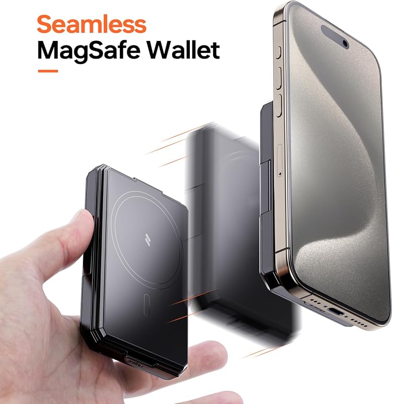 Xlayout Mágneses Pénztárca MagSafe-hez RFID Védelemmel - iPhone Kártyatartó Állvánnyal, 4 Kártya Tárolására, Fényképtartóval, Fekete