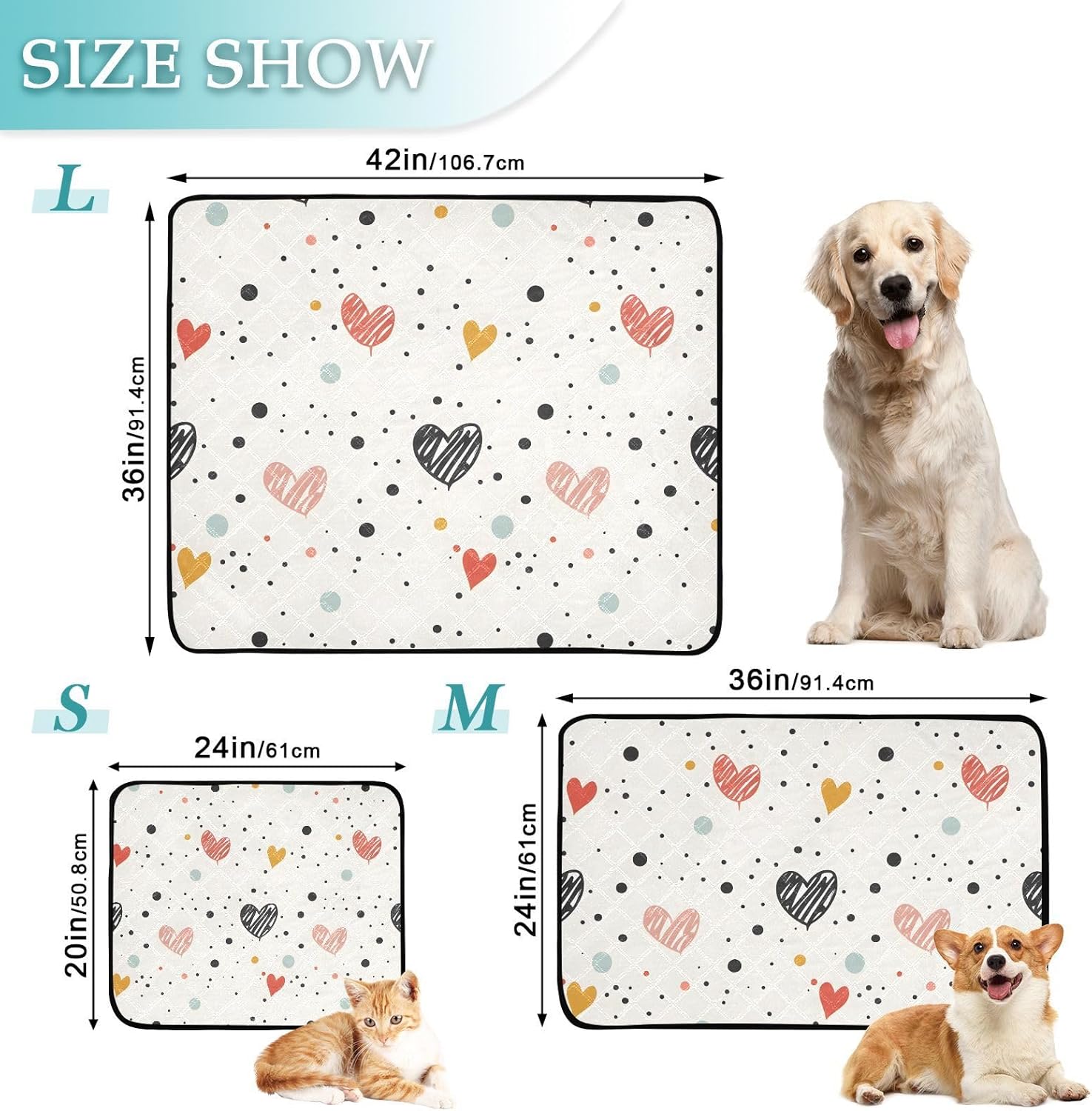 Heart Polka Dots Pet Mat Reusable Feeding Mats for Food and Water Non-Slip Pee Pads for Dogs Cats 2 Packs