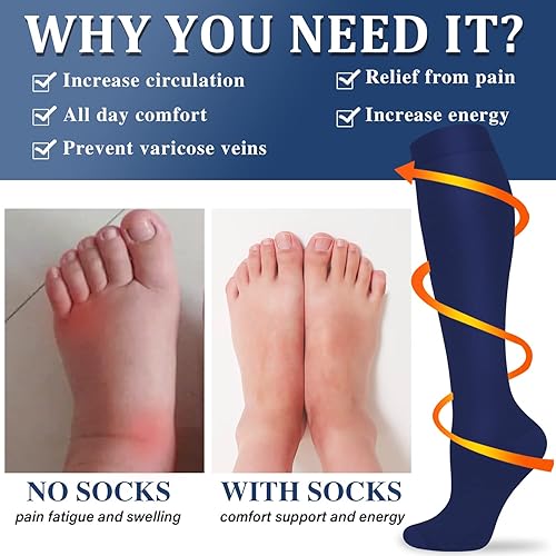 Miniatura 57 de Calcetines de compresión y circulación para mujer y hombre (3 pares), para enfermería, correr, viajar, calcetines hasta la rodilla