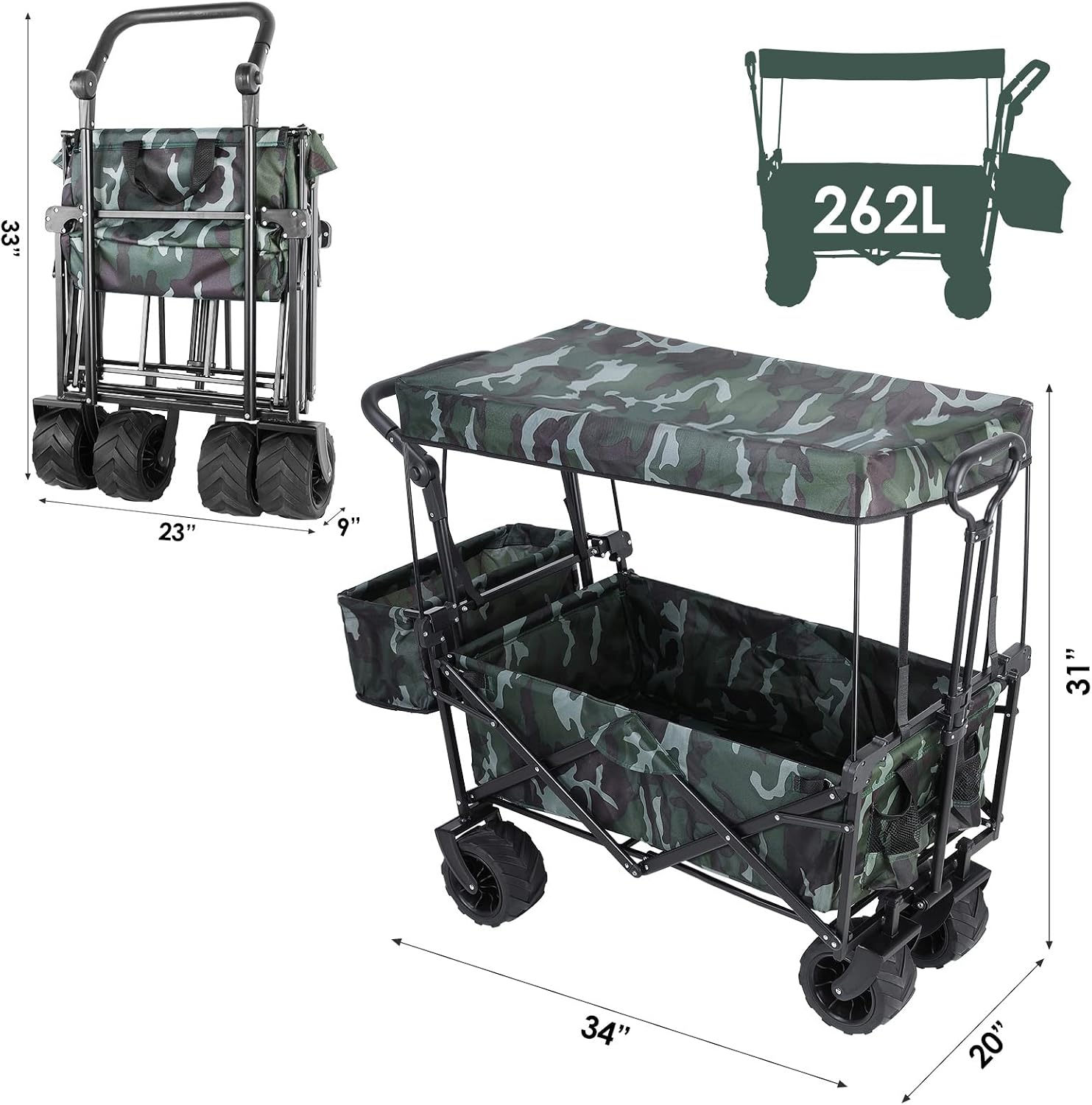 AthLike Collapsible Wagon Folding Garden Cart w/Removable Canopy, Extra Large Heavy Duty Portable Camping Beach Utilit Cart w/Adjustable Push Pull Handle, 7" Wide All-Terrain Wheel for Shopping Picnic