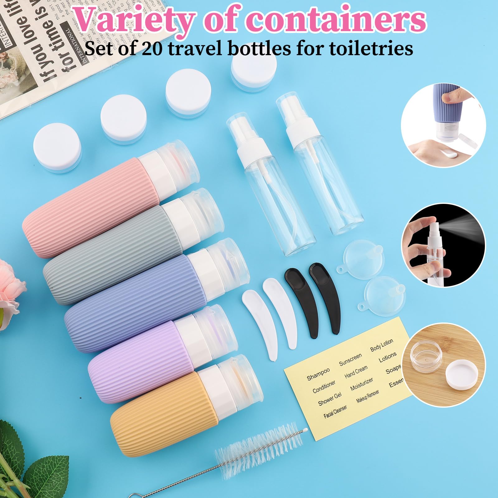 20 Pezzi Contenitori da Viaggio per Liquidi, Kit Viaggio Liquidi in Silicone, Boccette Flaconi da Viaggio 90 ml Riutilizzabili per Shampoo, Lotion, Crema e Cosmetici, Nessun BPA (Colore)