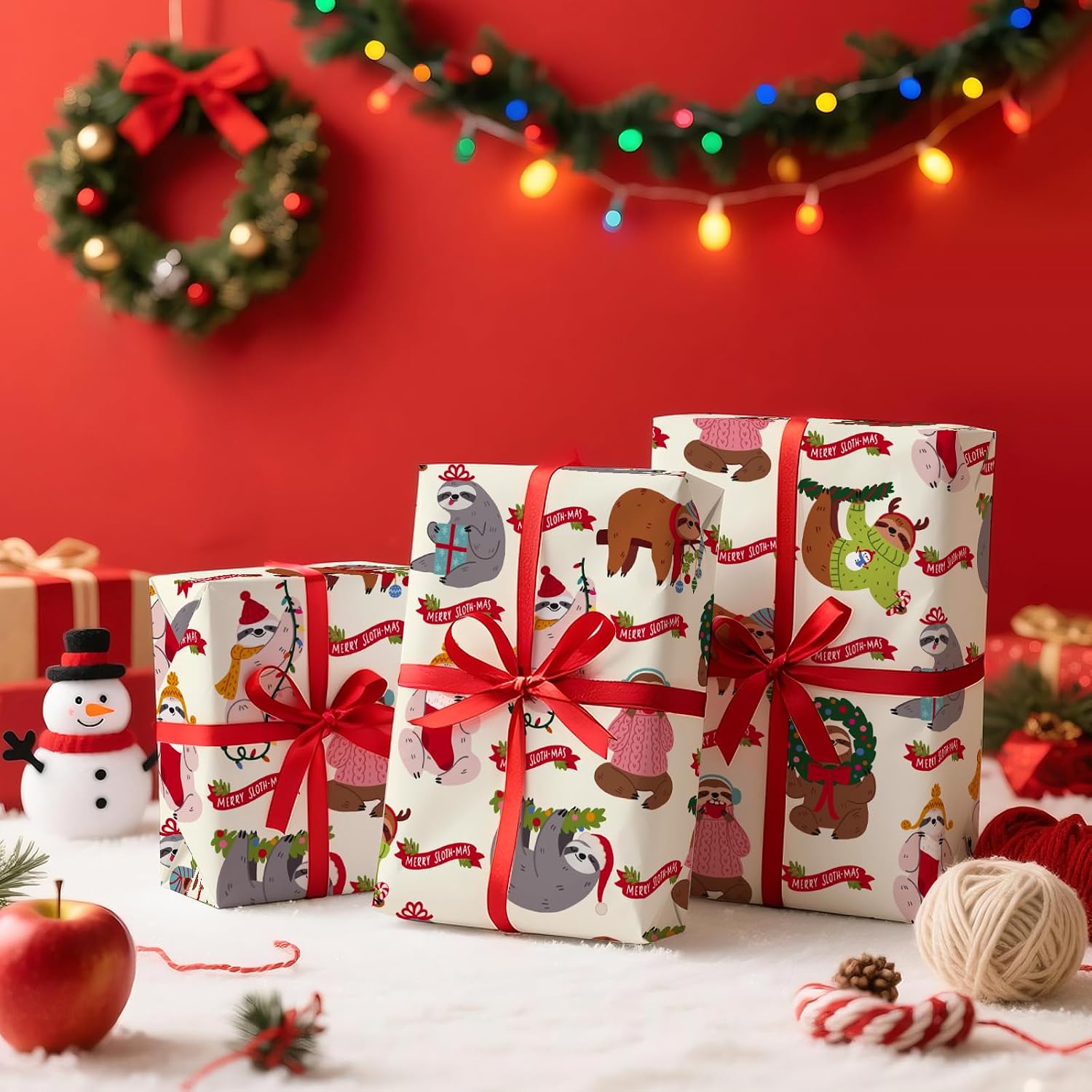 WRAPAHOLIC Sloth Christmas Wrapping Paper - Mini Roll - 17 Inch x 16.5 Feet - Festive Dressed Up Sloth Wrapping Paper for Boys Girls Kids, Christmas, Holiday, Party Celebration image 4