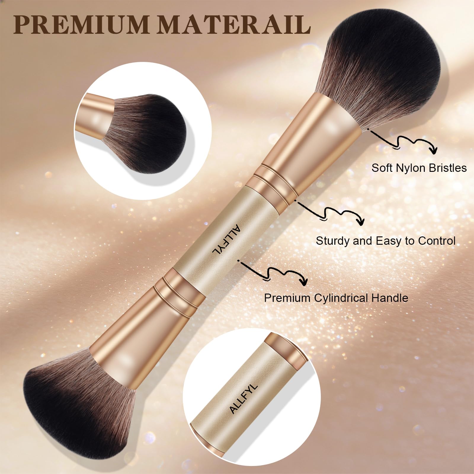 Set 6 Pennelli Doppi Trucco Professionali, Champagne, Pennello Fondotinta incluso, Pennelli Make Up per Viso Contour Occhi Labbra, Confezione Regalo da Viaggio per Donne