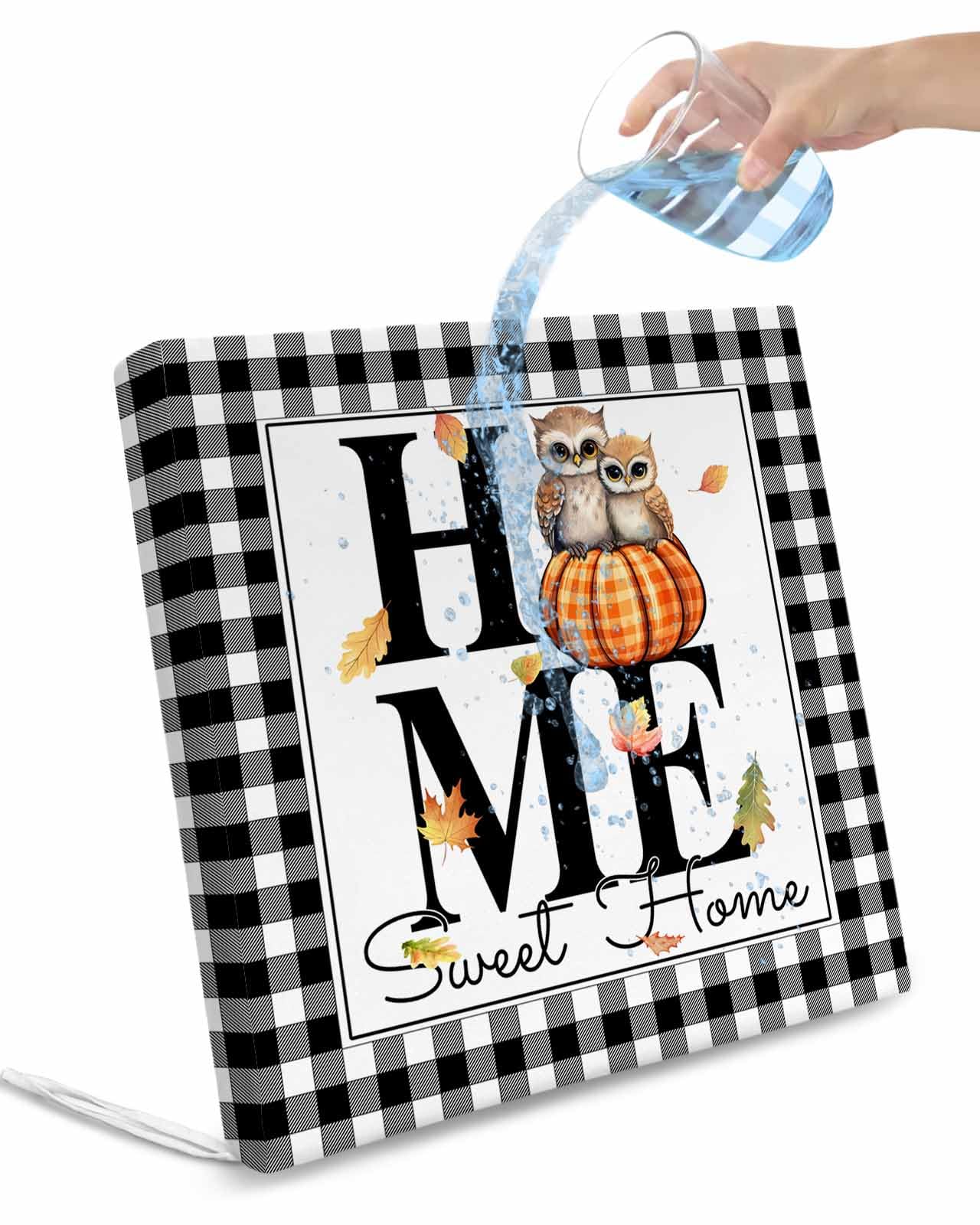 Fall Home Indoor Outdoor Couch Cushion Covers Replacement 2 Pack, Black Plaid Thanksgiving Pumpkins Owl Waterproof Chair Sofa Seat Cover with Ties 22x22x4