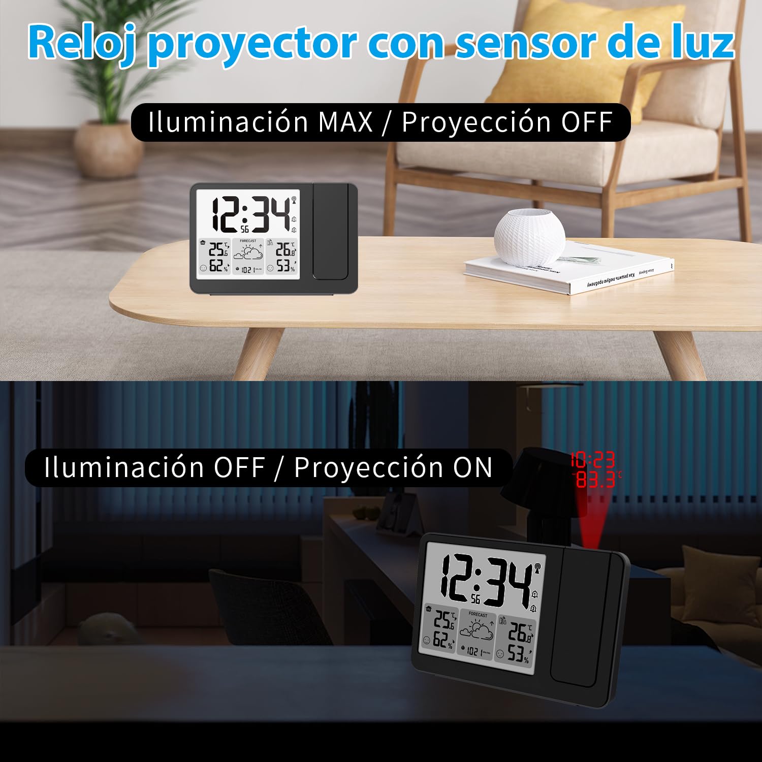 Uzoli EM3539E Despertador con proyector Techo y estación meteorológica, Reloj radiocontrolado, Proyección de 180°, Temperatura, Humedad, Previsión del Tiempo, Niveles de Confort, 1 Sensor Exterior