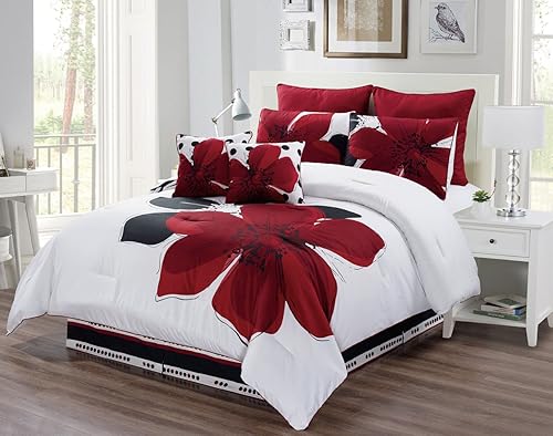 Grand Linen Juego de edredón de 8 piezas, color rojo burdeos, negro, blanco, gris, estampado floral, tamaño California King