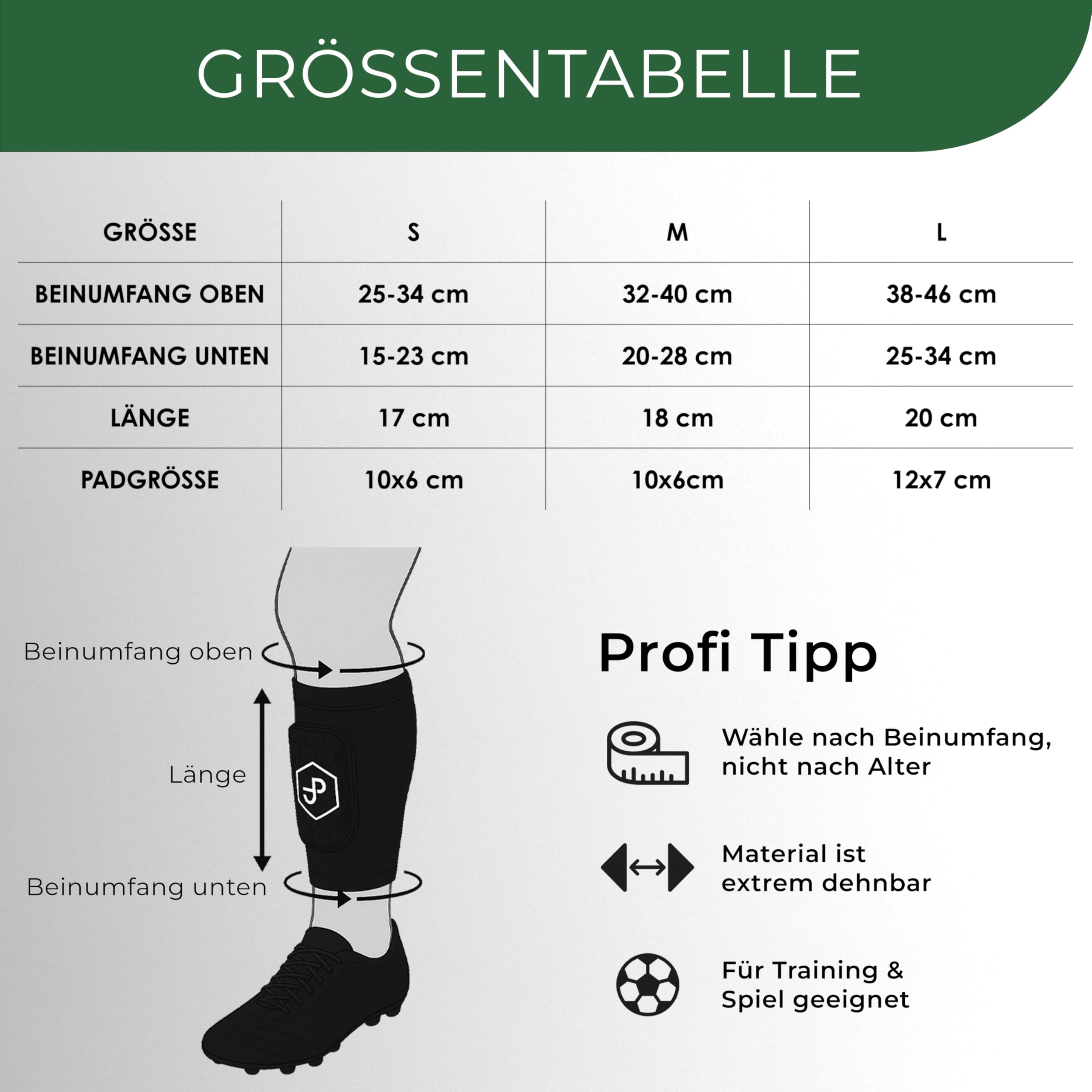 JDP Premium 3in1 Schienbeinschoner, Strumpf mit integriertem Schienbeinschoner (schützendes Pad), hochwertiger Schienbein Schoner inkl. Fußballstutzen, Fußballschoner Fussball Herren Frauen Kinder