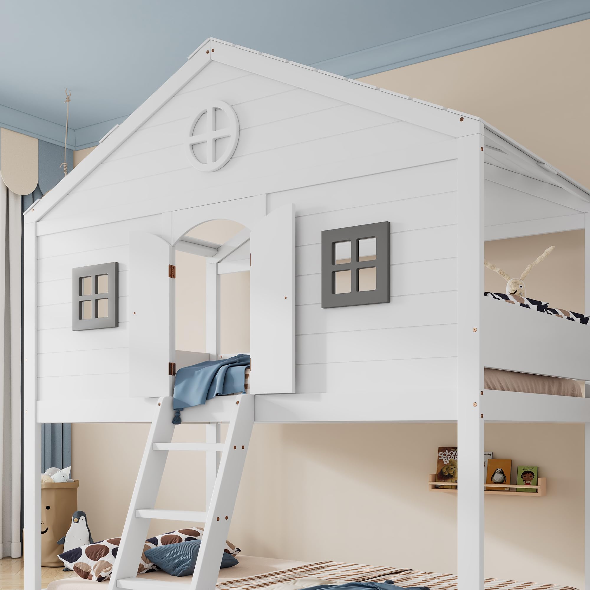 Merax Hochbett 90x200cm, Kinderbett Etagenbett mit Sicherheitsleiter, Rausfallschutz & Lattenrost, Hausbett mit Dach & Fenster, Platzsparendes Stockbett Jugendhochbett, Unterhaltungsbereich, Weiß