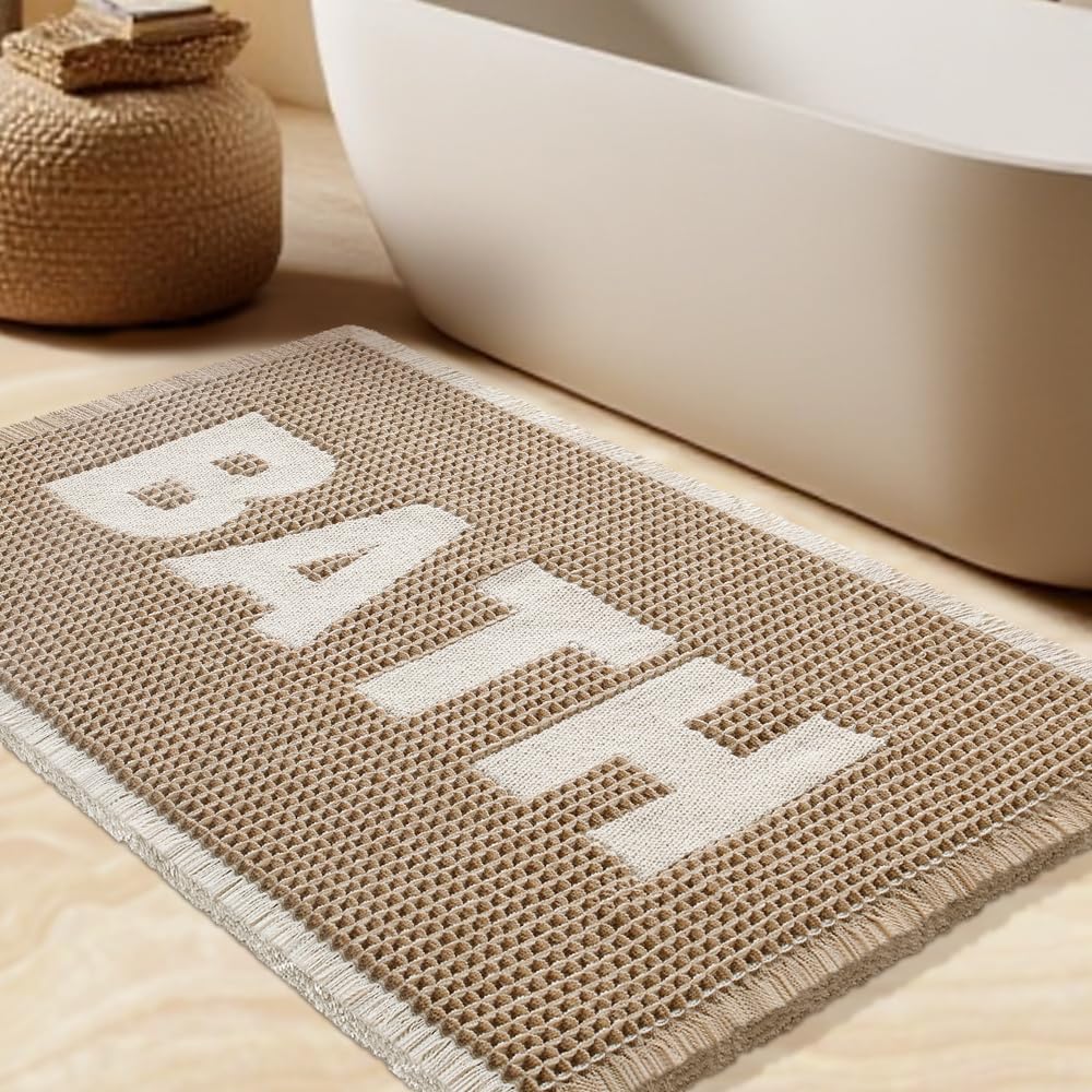 Waffle Bath Mat, Boho Woven Modern Bath Rug Absorbent Non Slip, Ultra Soft Bathroom Mat, Machine Washable Knit Bath Rugs with Bath Letter for Bathroom, Bedroom, Kitchen, Shower, 32"x20", Beige &amp; White