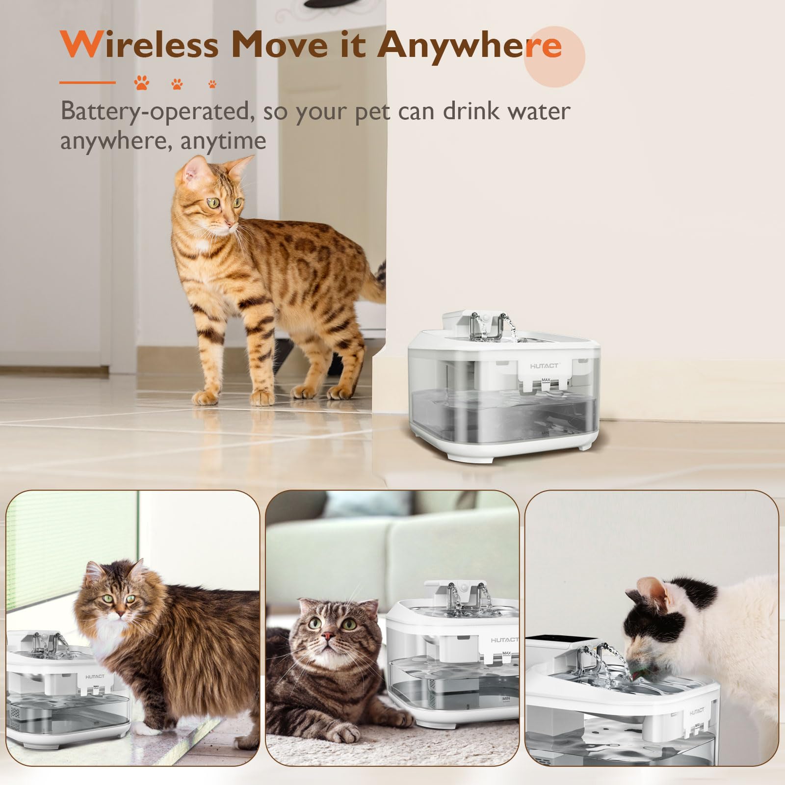 Fontanella per Gatti senza Fili: Fontana per Gatti da 4,5l - Fontanella per Gatti con Sensore di Movimento - Batteria da 5000 mAh, Funzionamento Silenzioso - 2 Pezzi Filtri