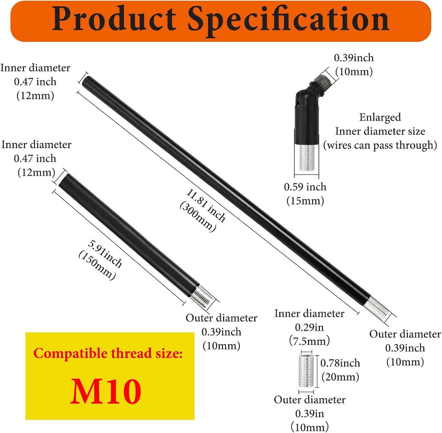 KC&KST M10 Threaded Light Extension Rod Combo Set - 4x6" & 4x12" Rods with Sloped Ceiling Adapter, for Pendant/Chandelier/Island Lighting, Lighting Fixture Downrods & Stems(4 x 6''+4 x 12''-Silver)