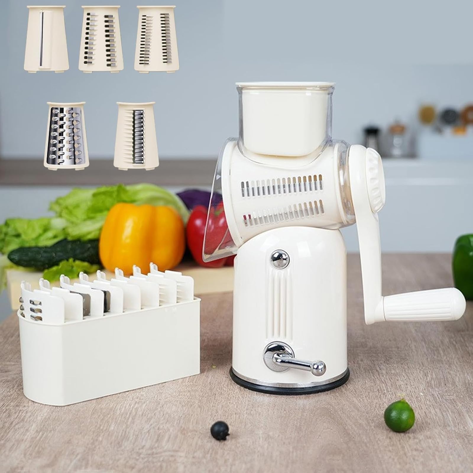 Rallador rotativo de queso, cortador de verduras multifuncional con 10 cuchillas y base de succión fuerte para cortar verduras, frutas y queso