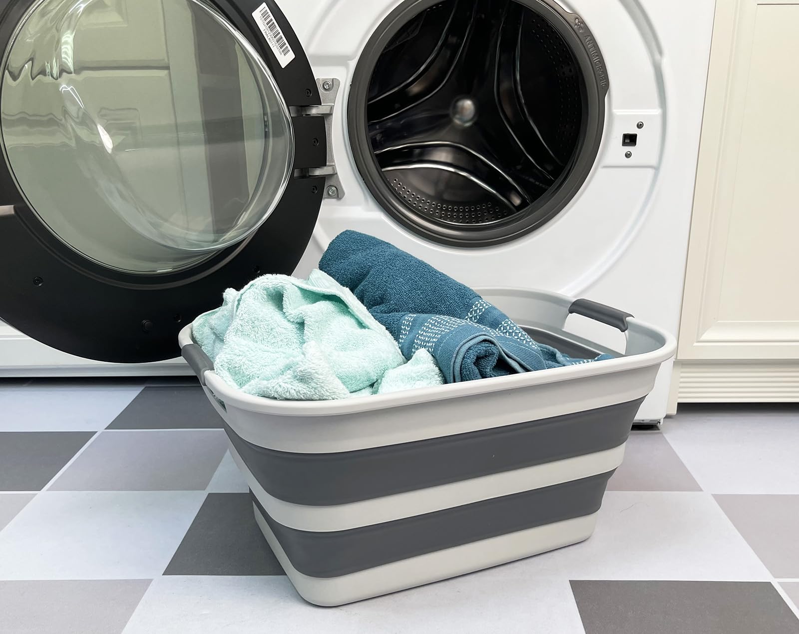 SMMART Collapsible Plastic Laundry Basket with Handle/Foldable Pop Up Storage Hamper/Portable Laundry Organizer-Space Saving Washing Tub/Household Storage Supplies (Grey/Steel Grey, 27L)