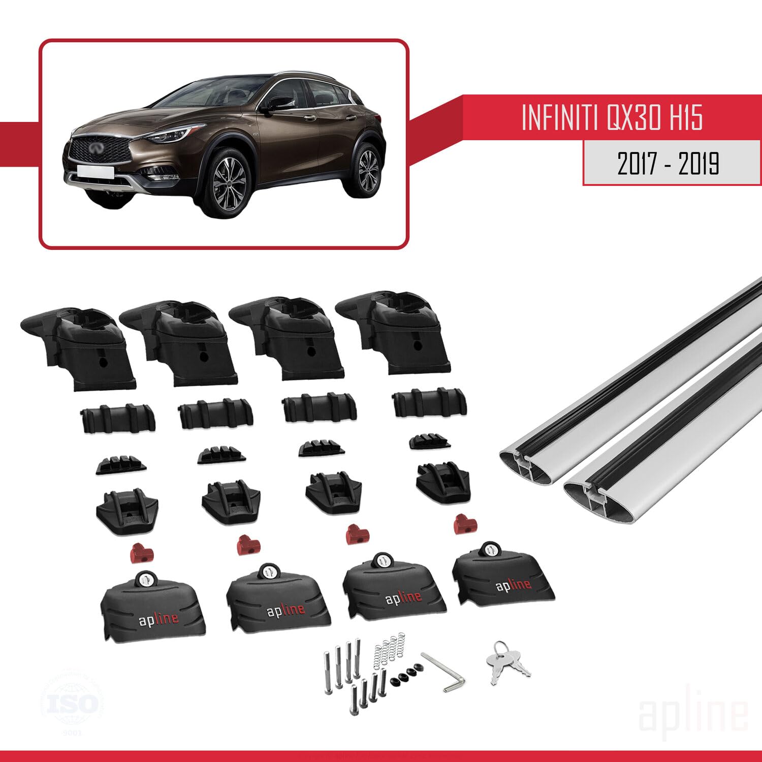 Barras De Techo Para Infiniti QX30 (H15) 2017-2019 - Kit De 2 Barras De Aluminio Gris, Carga Máx. 75 Kg, Modelo ACE-2