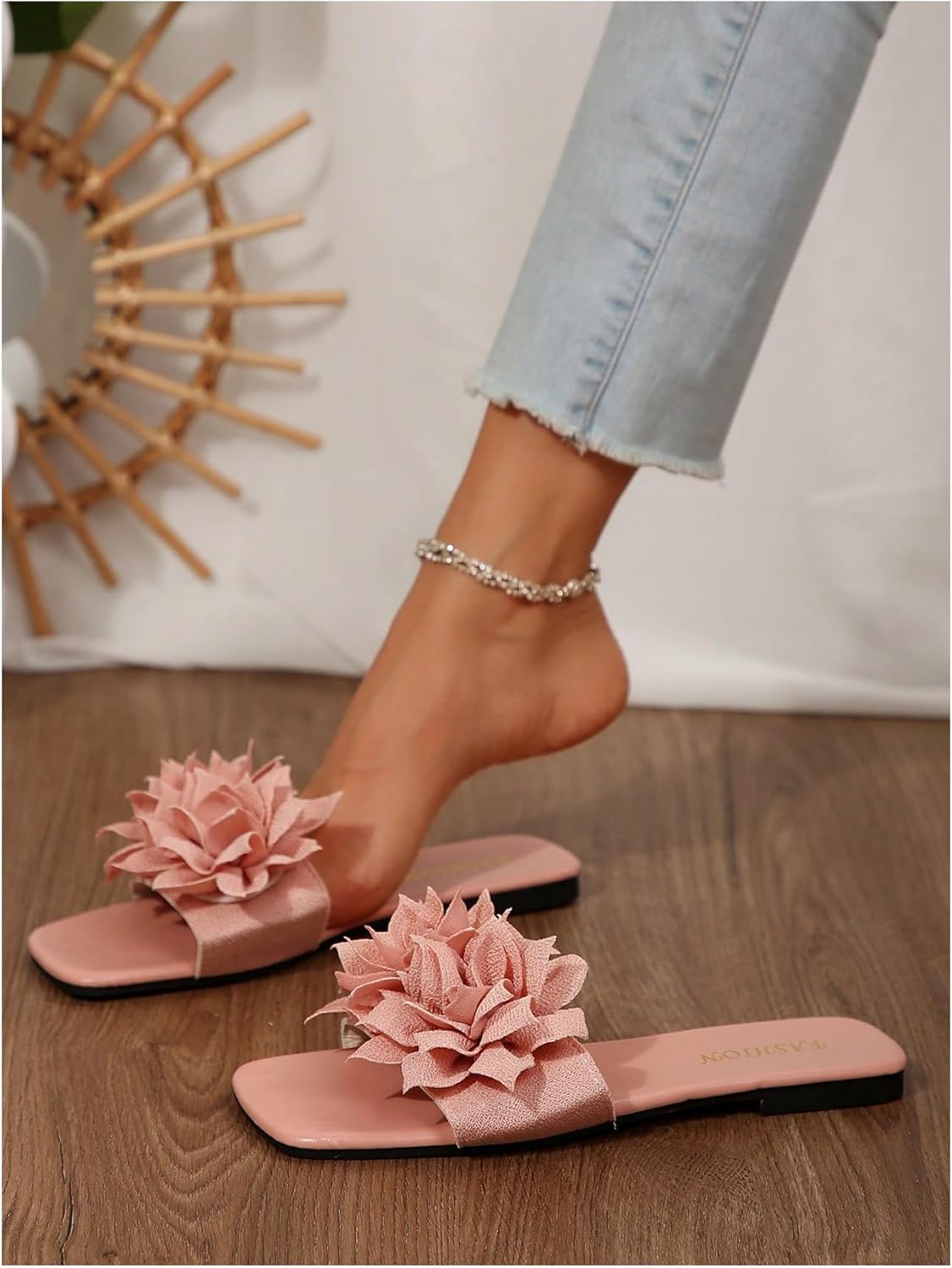 Women's 3D Floral Flat Sandals Dressy Square Open Toe Sandals Single Band Casual Slip on Slides - Image 7